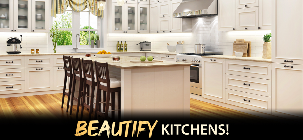 My Home Design Luxury Makeover - Modern luxury kitchen with white cabinets and marble island in a home design game