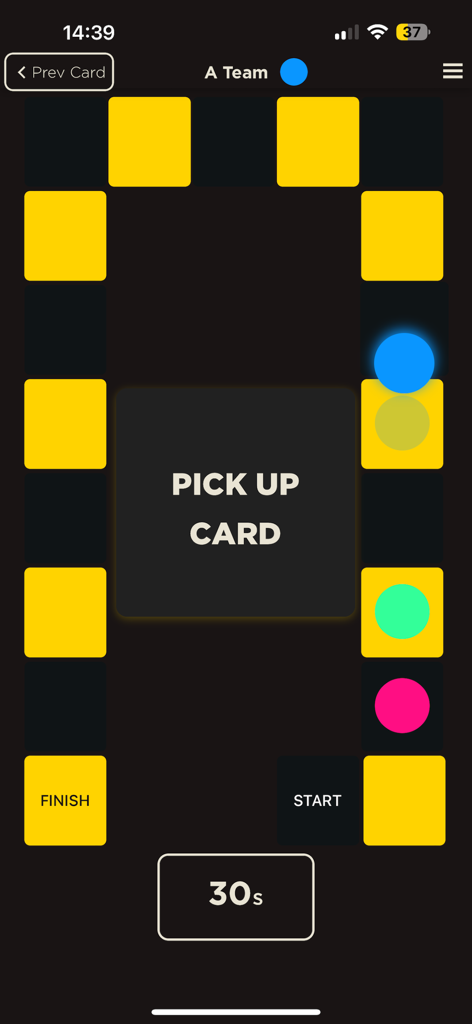 Digital game board of SaidInSeconds app featuring a 30 second timer and team tokens