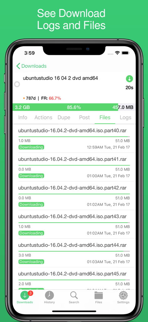 NZBClient for NZBGet - Mobile interface of NZBClient showing individual file parts and progress for a download in progress.
