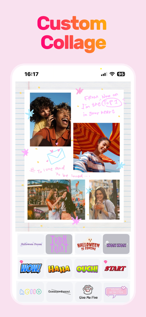 Collage Maker: Photos Editor - モバイルアプリのインターフェース。メモ帳の背景に友人や装飾的なステッカーが付いたカスタム写真コラージュが表示されています。