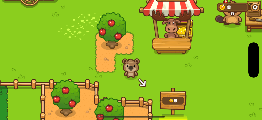 Olly the bear character standing in a green field with apple trees and a reindeer market stall