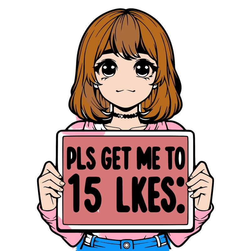 realistic girl holding up a sign that says “pls get me to 15 likes!”