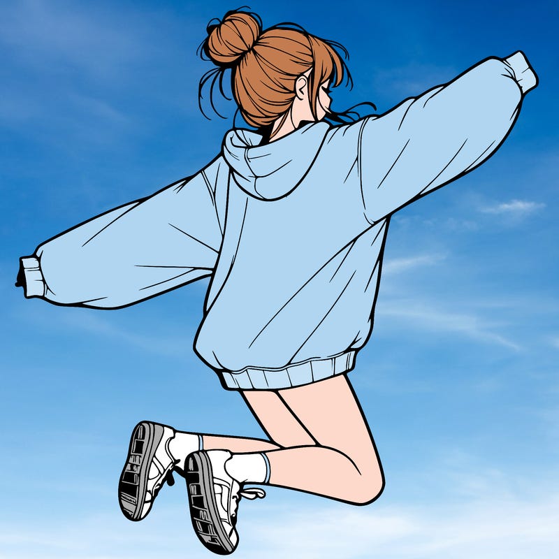 realistic girl jumping with a bun and oversized sweatshirt
