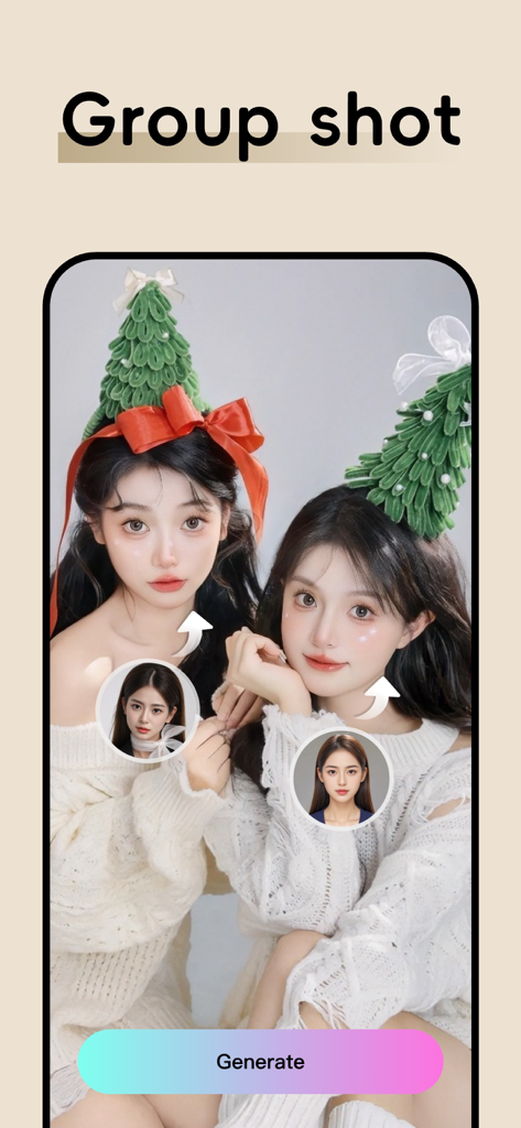 闪秀 - 高颜值写真照片、 一键换装秒出大片 - ShanXiu app screenshot showing the group shot feature with AI face swap