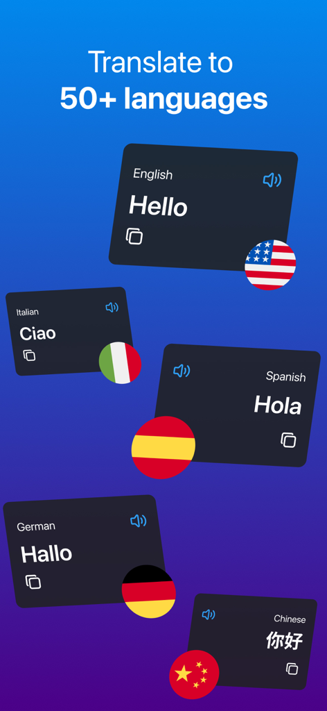 TalkNow - AI Translator - TalkNow app interface showing translations into fifty plus languages including English Italian Spanish German and Chinese