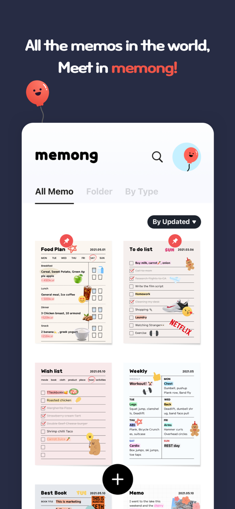 Memong - Aesthetic digital planner interface showing customized notes for food planning, tasks, and wish lists with cute stickers.