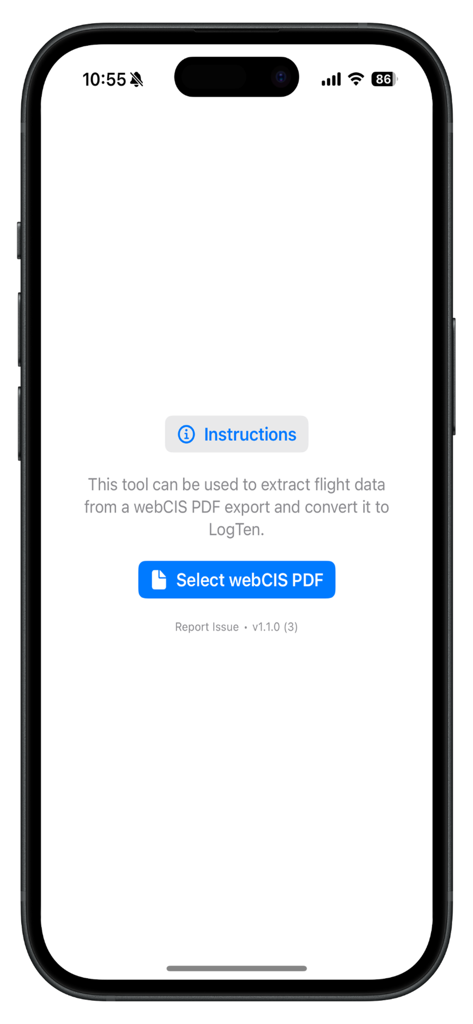 Écran principal de l'application webCISLog avec un bouton pour sélectionner un PDF webCIS pour l'extraction des données de vol et la conversion LogTen.