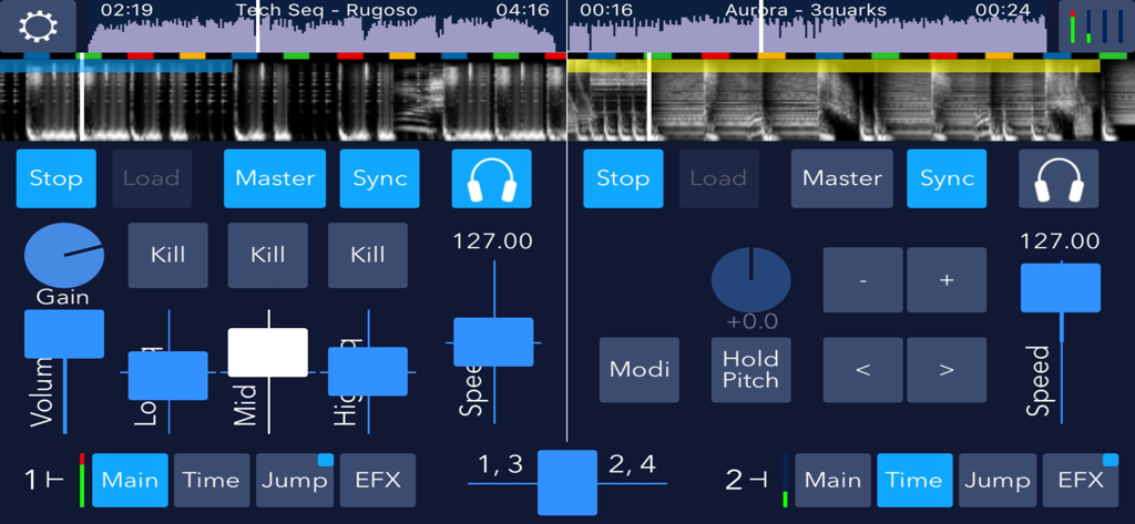 Interface of the DJDJ Mixing App featuring two decks with waveforms and mixer controls