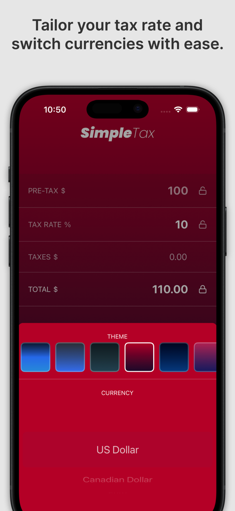 SimpleTax Quick Tax Calculator - SimpleTaxアプリのインターフェース。税金計算のためのテーマ選択および通貨設定を表示