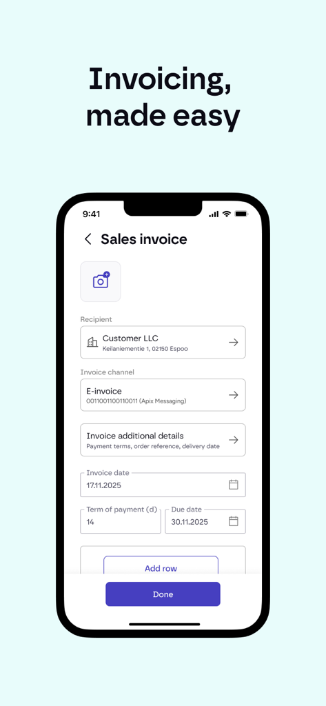 Procountor - Interfaz de la aplicación móvil Procountor para crear una factura de venta con campos para destinatario, canal de factura y fechas
