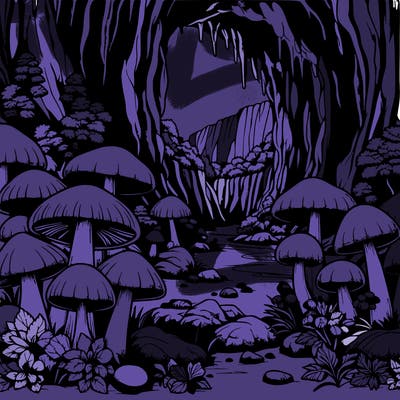 realistic cave full of beautiful mushrooms