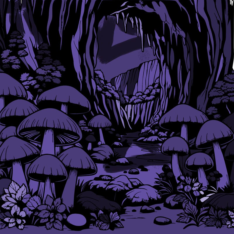 realistic cave full of beautiful mushrooms