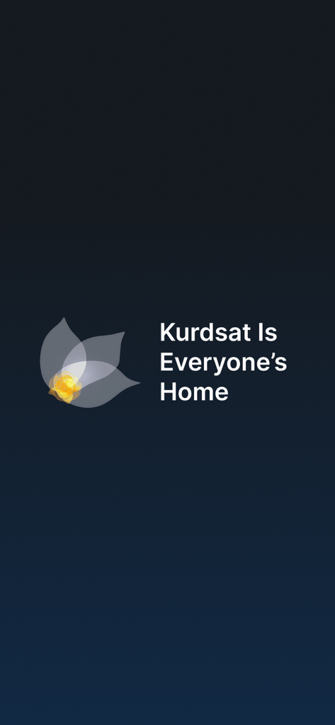 Kurdsat - Splash screen of the Kurdsat news app featuring the slogan Kurdsat Is Everyone's Home and a stylized flower logo on a dark background.