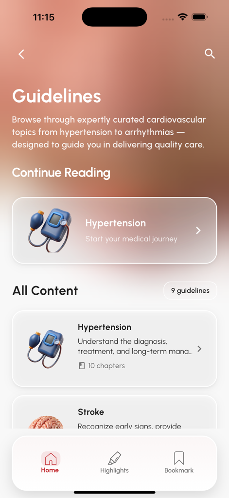 AkomaCare - AkomaCare mobile app screen showing medical guidelines for hypertension and stroke management
