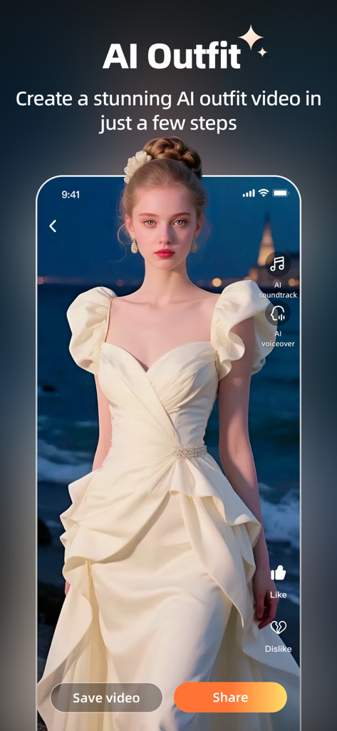 PictoPop app interface showing a woman in a beautiful AI-generated cream dress with options to create outfit videos