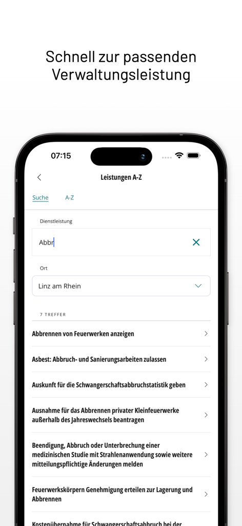 Captura de tela da pesquisa de serviços administrativos no aplicativo Meine Region Linz