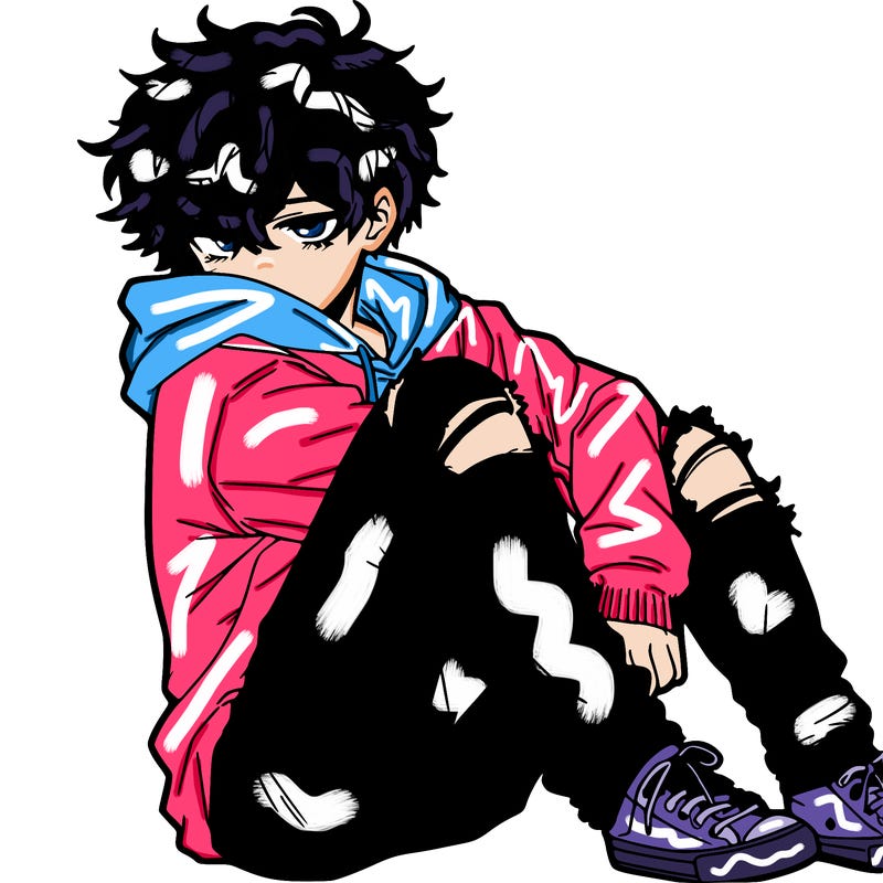 a male hoddie ripped jeans messy hair anime