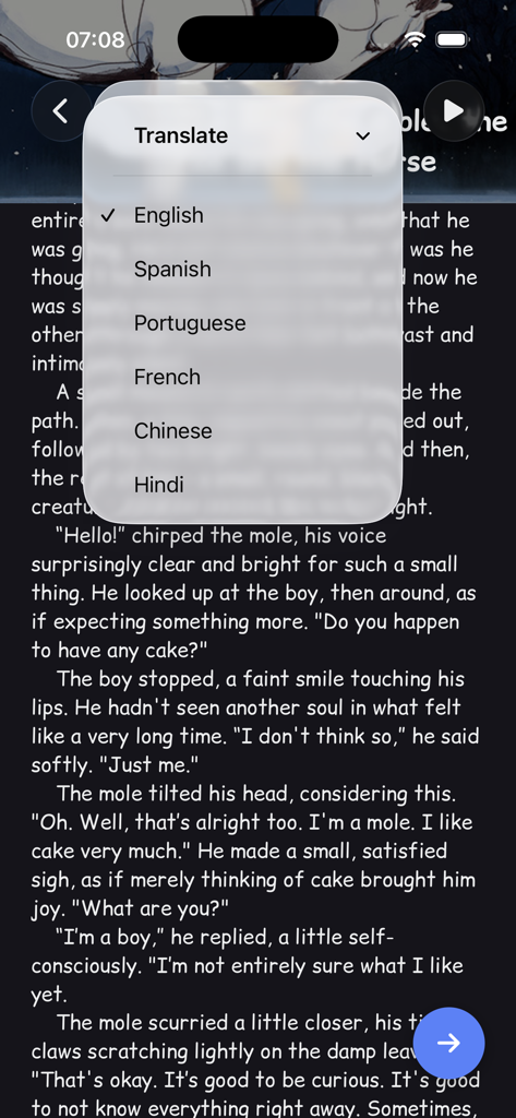 Magic World: Kids Books & Read - 어린이 이야기 위에 여러 언어 옵션이 표시되는 드롭다운 메뉴가 있는 매직 월드 앱의 인터페이스