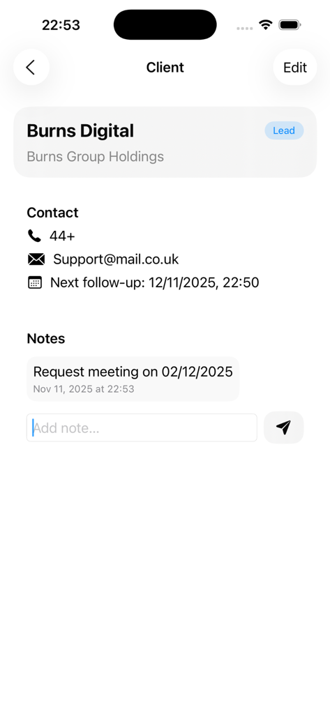 Client Journal - Client Journal app screen displaying a lead's contact information and interaction notes.