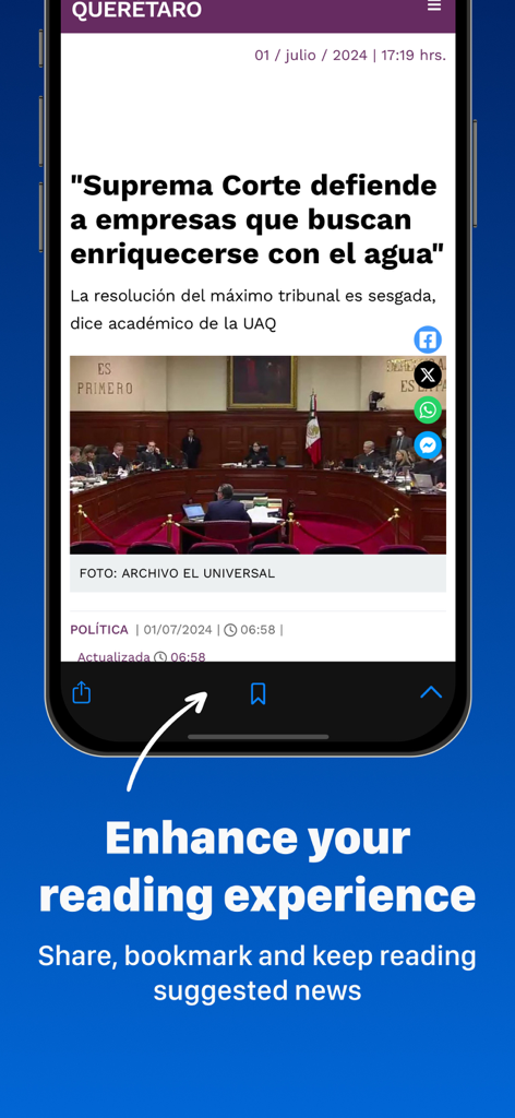 Mexican Newspapers - A smartphone showing a news article from the Mexican Newspapers app with share and bookmark options