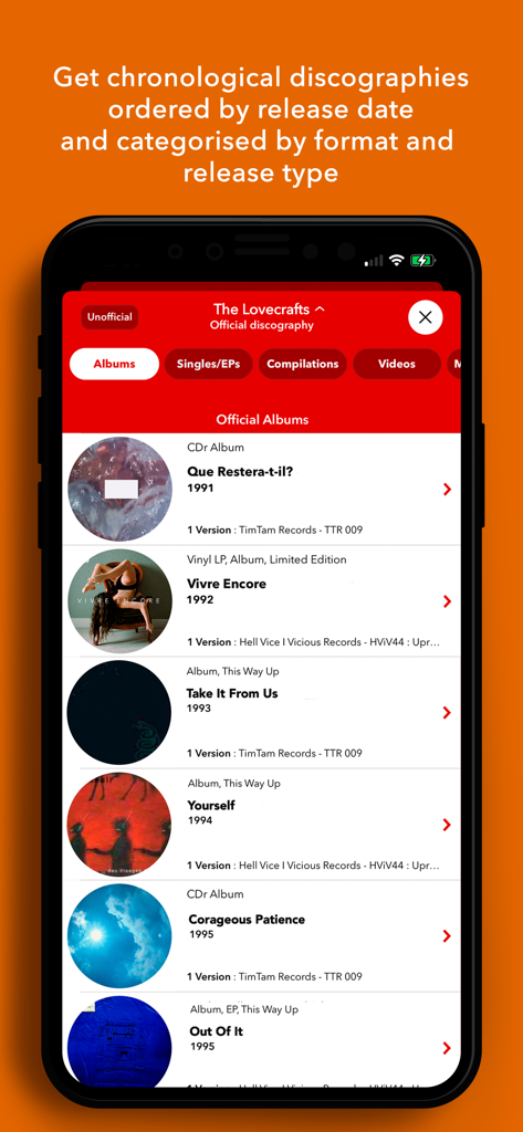Discographic for Discogs - Un elenco cronologico della discografia di un artista categorizzato per formato e tipo di pubblicazione all'interno dell'app.