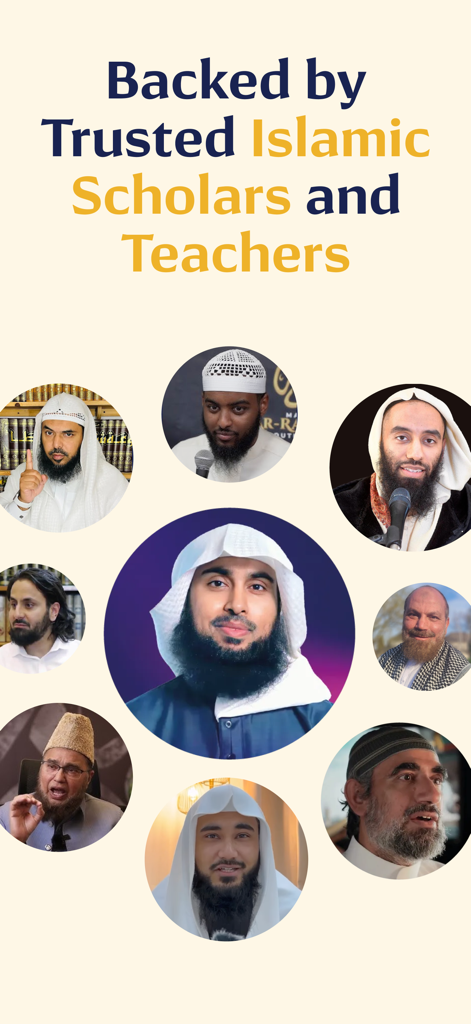 True Ilm: Audiobooks & eBooks - A collection of portraits featuring various trusted Islamic scholars and teachers from the True Ilm app