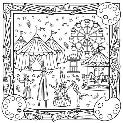 Unleash your creativity with this enchanting coloring page, blending the festive energy of a carnival with the beauty of painting. Discover a world where circus tents, performers, and classic rides are adorned with artistic flair, ready for your colorful interpretation.