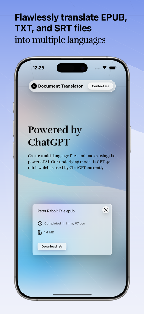 eBook Translator: AI Translate - Interfaz de la aplicación eBook Translator mostrando una traducción IA completada de un archivo EPUB en una pantalla de iPhone.