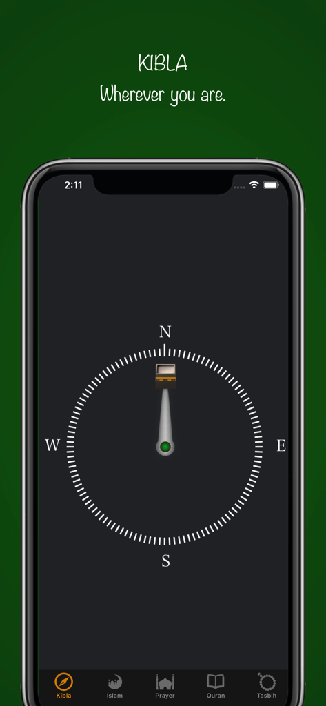 Muslim Watch - Muslim Watch app interface displaying a Qibla compass for finding prayer direction
