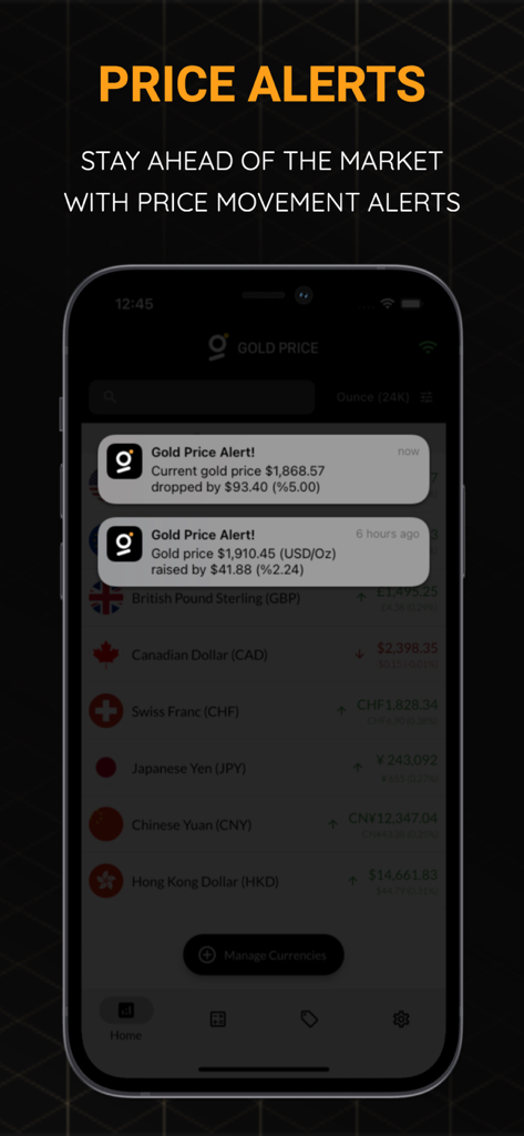 金価格の変動を示すリアルタイム通知を表示するスマートフォン画面