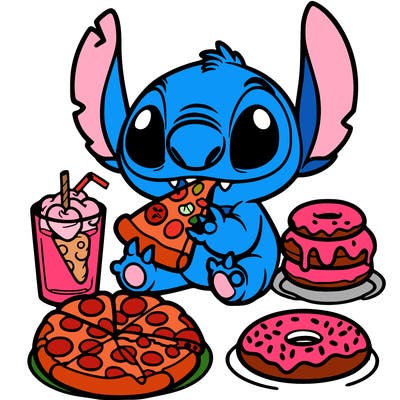 stich eating pizza and donuts