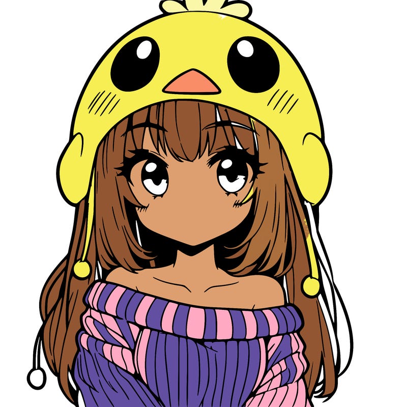 anime girl with chick shaped hat with sweater with bare shoulders with bangs covering them one eye with low tail