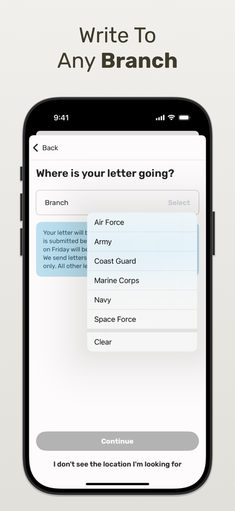 Sandboxx app interface for choosing a military branch to send letters to