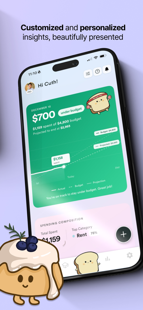 Un tablero de aplicación móvil para Pan Gamified Budget Tracker que muestra información de gastos y una linda mascota de pan.