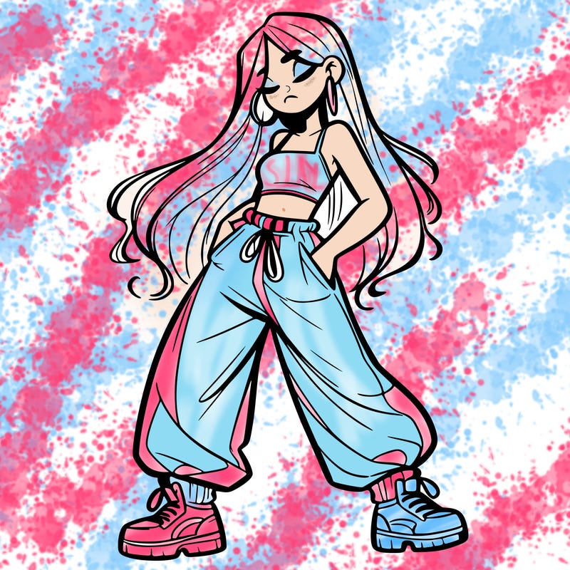 girl in baggy pants crop top and long hair