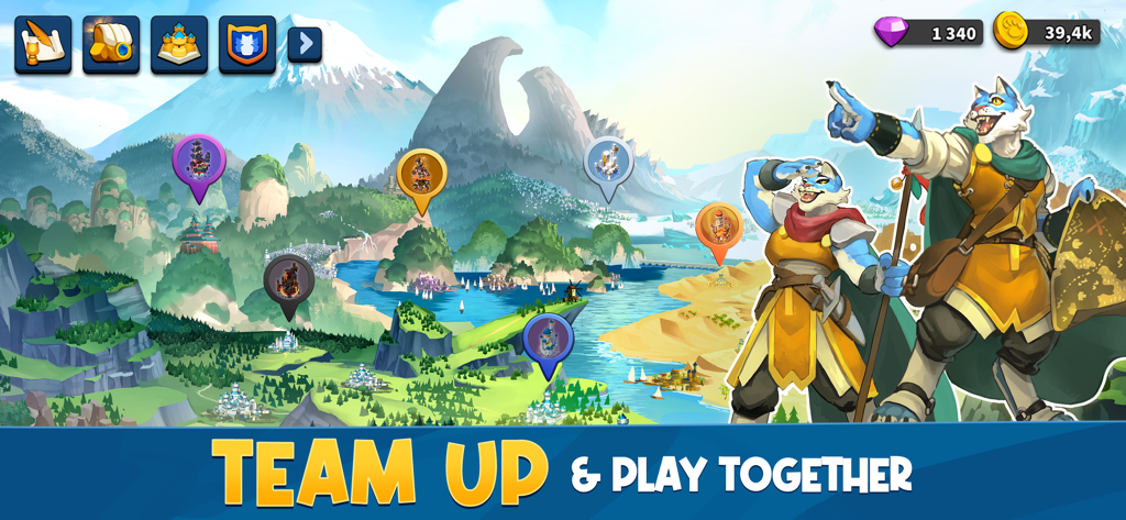 Two wolf characters in armor overlooking a strategic world map with territory markers in Million Lords World Conquest