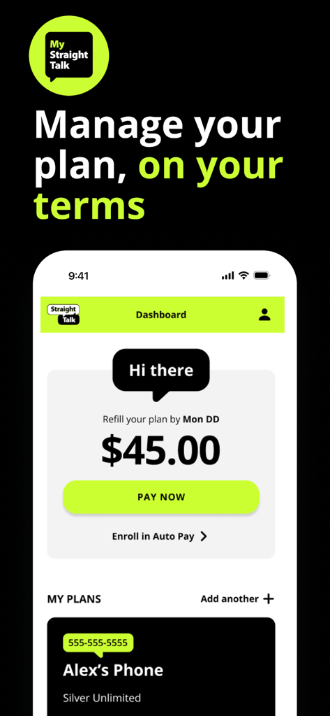 My Straight Talk: Mobile App - Dashboard of the My Straight Talk mobile app showing plan refill options and account management features.