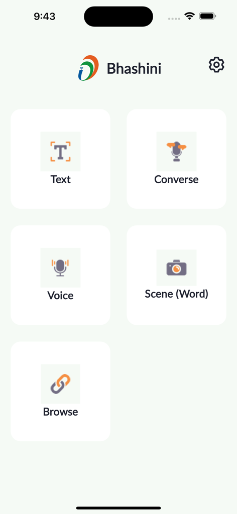 Bhashini app home screen displaying icons for text, converse, voice, scene word and browse features