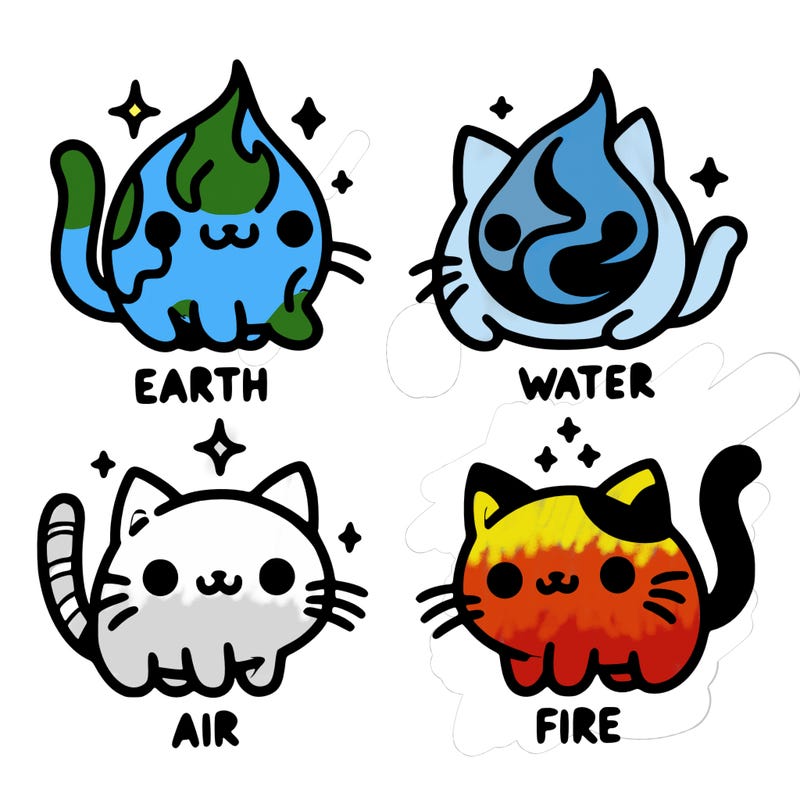 4 cats that represent the different elements, earth, water, air, and fire