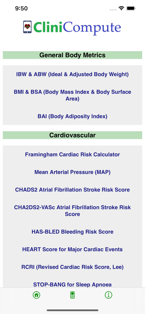 Interfaz de la aplicación CliniCompute que muestra categorías de calculadoras médicas para métricas corporales y riesgo cardiovascular