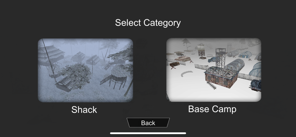 Last Day of Winter: Epic War - Pantalla de selección de categoría que muestra opciones de Cabaña y Campamento Base en un juego de supervivencia nevado