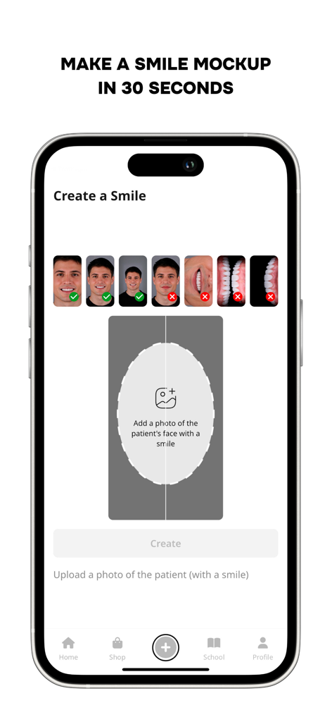 Mobile application interface for creating a dental smile mockup with patient photos
