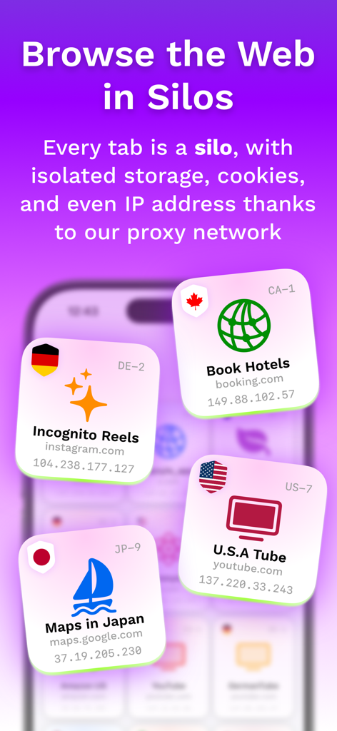 Psylo: Private Browser & Proxy - Interfaccia dell'app Psylo che mostra schede del browser isolate con indirizzi IP univoci e località di proxy globali.