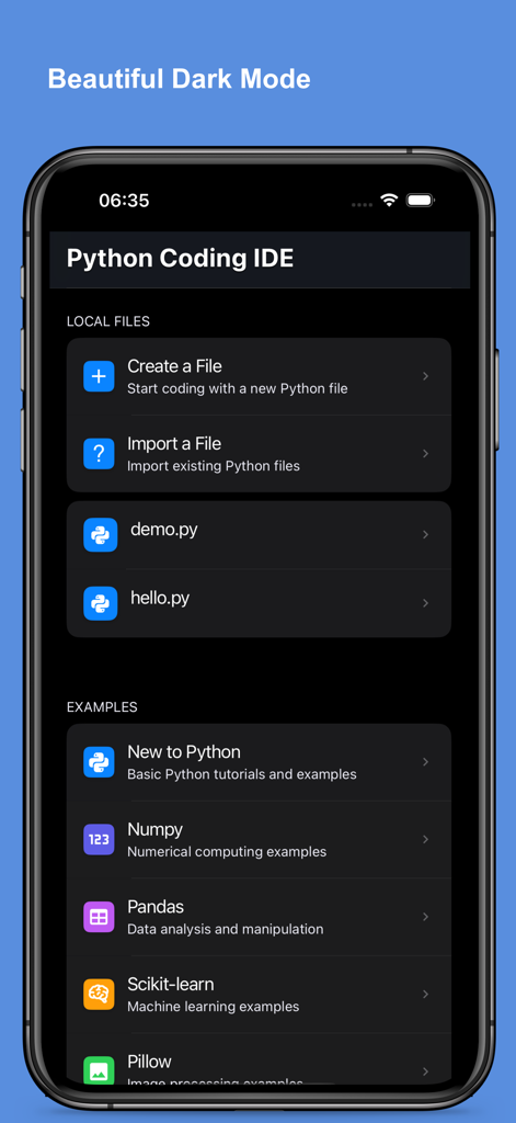 Interface de l'IDE de codage Python en mode sombre montrant la gestion des fichiers et des exemples de programmation.