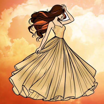 realistic woman with dress flowing in the wind