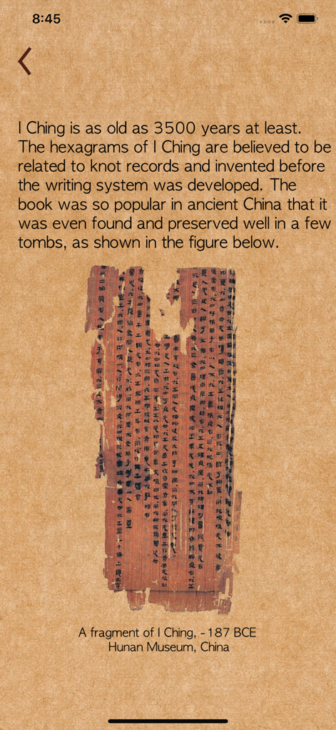 I Ching - Smart Chinese Wisdom - Historical I Ching manuscript fragment from 187 BCE shown in the app