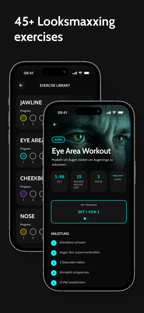 Blackpill AI mobile app interface showing a library of facial exercises for jawline and eye area optimization