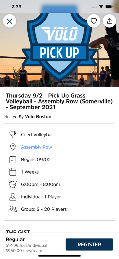 Event details for a Volo Sports pickup volleyball session in Somerville including time and location