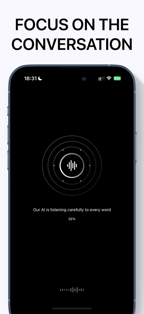 AI Notebook & Summary - Voice - Pantalla de la aplicación AI Note Taker que muestra una interfaz de grabación con el texto Concéntrate en la Conversación y un indicador de progreso que indica que la IA está escuchando.