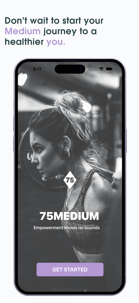 Welcome screen of the 75 Medium Challenge app showing a woman in a gym and a get started button